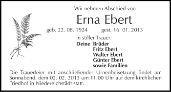 Traueranzeige von Erna Ebert von Mitteldeutsche Zeitung Merseburg/Querfurt