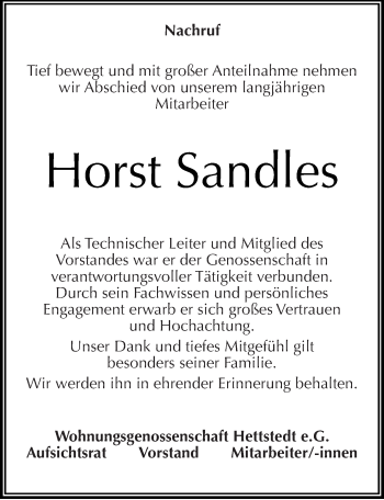 Traueranzeige von Horst Sandles von Mitteldeutsche Zeitung Mansfelder Land