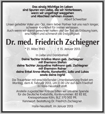 Traueranzeige von Friedrich Zschiegner von Mitteldeutsche Zeitung Halle/Saalkreis