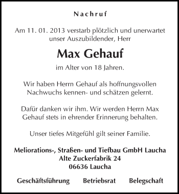 Traueranzeige von Max Gehauf von Mitteldeutsche Zeitung Naumburg/Nebra