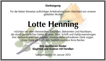 Traueranzeige von Lotte Henning von Mitteldeutsche Zeitung Sangerhausen