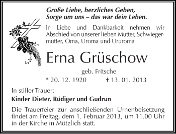 Traueranzeige von Erna Grüschow von Mitteldeutsche Zeitung Halle/Saalkreis