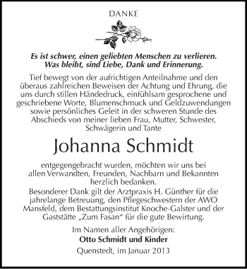 Traueranzeige von Johanna Schmidt von Mitteldeutsche Zeitung Mansfelder Land