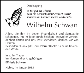 Traueranzeige von Wilhelm Schwan von Mitteldeutsche Zeitung Naumburg/Nebra