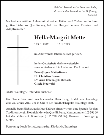 Traueranzeige von Hella-Margrit Mette von Mitteldeutsche Zeitung Quedlinburg