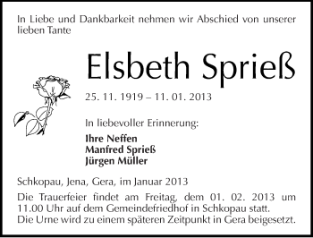 Traueranzeige von Elsbeth Sprieß von Mitteldeutsche Zeitung Merseburg/Querfurt