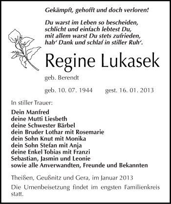 Traueranzeige von Regine Lukasek von Mitteldeutsche Zeitung Zeitz