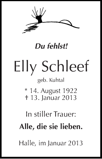 Traueranzeige von Elly Schleef von Mitteldeutsche Zeitung Halle/Saalkreis