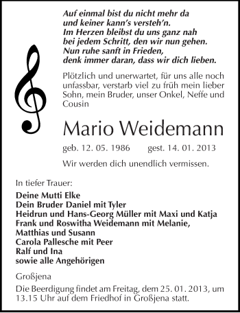 Traueranzeige von Mario Weidemann von Mitteldeutsche Zeitung Naumburg/Nebra