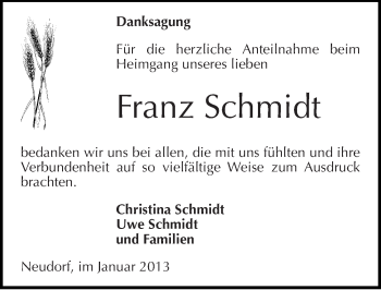 Traueranzeige von Franz Schmidt von Mitteldeutsche Zeitung Quedlinburg