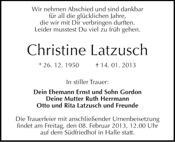 Traueranzeige von Christine Latzusch von Mitteldeutsche Zeitung Halle/Saalkreis