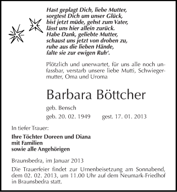 Traueranzeige von Barbara Böttcher von Mitteldeutsche Zeitung Naumburg/Nebra