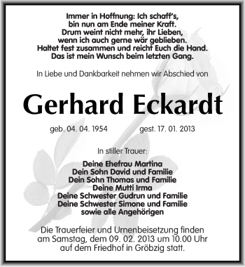 Traueranzeige von Gerhard Eckardt von Mitteldeutsche Zeitung Köthen