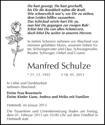 Traueranzeige von Manfred Schulze von Mitteldeutsche Zeitung Mansfelder Land