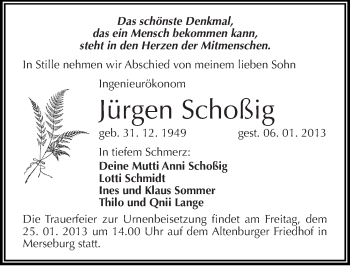 Traueranzeige von Jürgen Schoßig von Mitteldeutsche Zeitung Merseburg/Querfurt