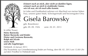 Traueranzeige von Gisela Barowsky von Mitteldeutsche Zeitung Mansfelder Land