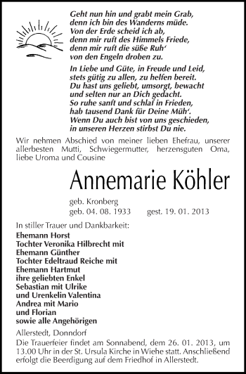 Traueranzeige von Annemarie Köhler von Mitteldeutsche Zeitung Naumburg/Nebra