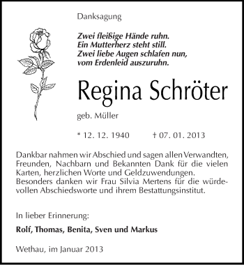 Traueranzeige von Regina Schröter von Mitteldeutsche Zeitung Naumburg/Nebra