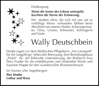 Traueranzeige von Wally Deutschbein von Mitteldeutsche Zeitung Köthen