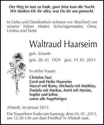 Traueranzeige von Waltraud Haarseim von Mitteldeutsche Zeitung Sangerhausen