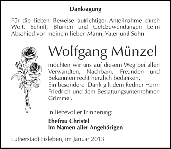 Traueranzeige von Wolfgang Münzel von Mitteldeutsche Zeitung Mansfelder Land
