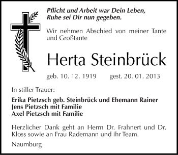 Traueranzeige von Herta Steinbrück von Mitteldeutsche Zeitung Naumburg/Nebra