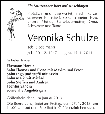 Traueranzeige von Veronika Schulze von Mitteldeutsche Zeitung Wittenberg