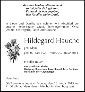 Traueranzeige von Hildegard Hauche von Mitteldeutsche Zeitung Naumburg/Nebra