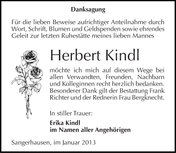 Traueranzeige von Herbert Kindl von Mitteldeutsche Zeitung Sangerhausen