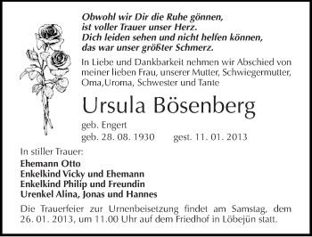 Traueranzeige von Ursula Bösenberg von Mitteldeutsche Zeitung Halle/Saalkreis