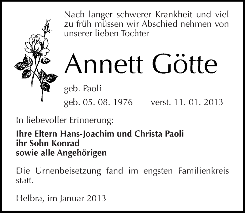  Traueranzeige für Annett Götte vom 25.01.2013 aus Mitteldeutsche Zeitung Mansfelder Land