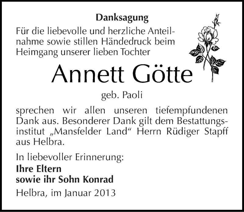  Traueranzeige für Annett Götte vom 26.01.2013 aus Mitteldeutsche Zeitung Mansfelder Land