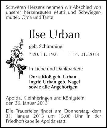Traueranzeige von Ilse Urban von Mitteldeutsche Zeitung Naumburg/Nebra
