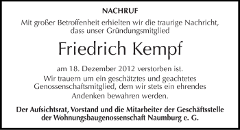 Traueranzeige von Friedrich Kempf von Mitteldeutsche Zeitung Naumburg/Nebra