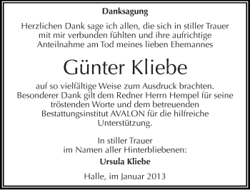 Traueranzeige von Günter Kliebe von Mitteldeutsche Zeitung Halle/Saalkreis