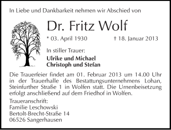 Traueranzeige von Fritz Wolf von Mitteldeutsche Zeitung Bitterfeld
