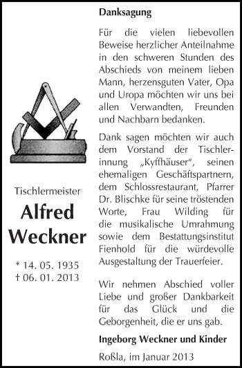 Traueranzeige von Alfred Weckner von Mitteldeutsche Zeitung Sangerhausen