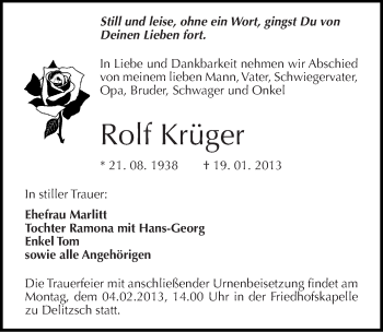 Traueranzeige von Rolf Krüger von Mitteldeutsche Zeitung Halle/Saalkreis