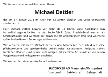 Traueranzeige von Michael Dettler von Mitteldeutsche Zeitung Zeitz