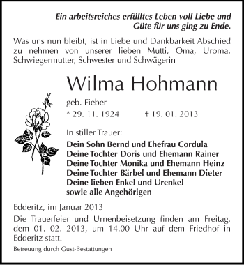 Traueranzeige von Wilma Hohmann von Mitteldeutsche Zeitung Köthen