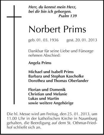 Traueranzeige von Norbert Prims von Mitteldeutsche Zeitung Naumburg/Nebra