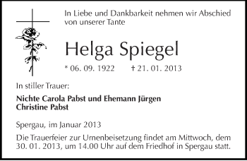 Traueranzeige von Helga Spiegel von Mitteldeutsche Zeitung Merseburg/Querfurt