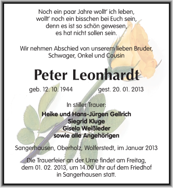 Traueranzeige von Peter Leonhardt von Mitteldeutsche Zeitung Sangerhausen