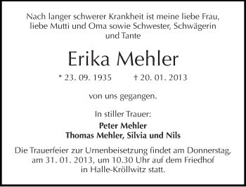 Traueranzeige von Erika Mehler von Mitteldeutsche Zeitung Halle/Saalkreis