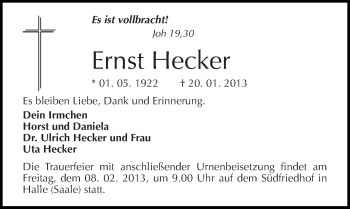 Traueranzeige von Ernst Hecker von Mitteldeutsche Zeitung Halle/Saalkreis