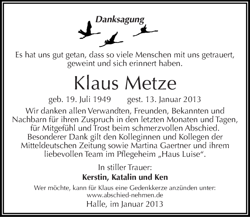  Traueranzeige für Klaus Metze vom 26.01.2013 aus Mitteldeutsche Zeitung Dessau-Roßlau