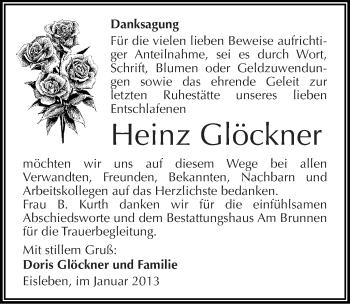 Traueranzeige von Heinz Glöckner von Mitteldeutsche Zeitung Mansfelder Land