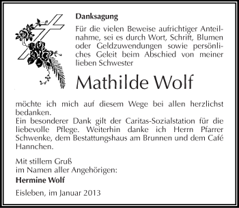 Traueranzeige von Mathilde Wolf von Mitteldeutsche Zeitung Mansfelder Land