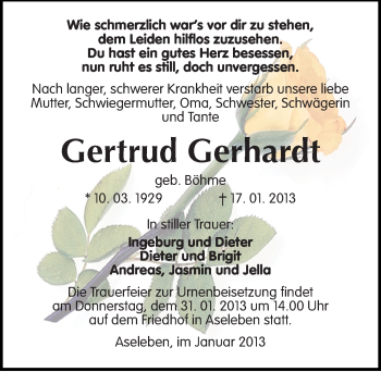Traueranzeige von Gertrud Gerhardt von Mitteldeutsche Zeitung Mansfelder Land