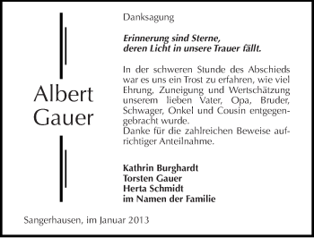 Traueranzeige von Albert Gauer von Mitteldeutsche Zeitung Merseburg/Querfurt